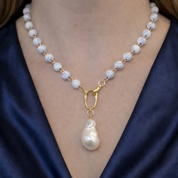 Private Label Jewelry - Genuine Baroque Pearl Drop Necklace Howlite Bead 18K Gold Plated Statement Piece